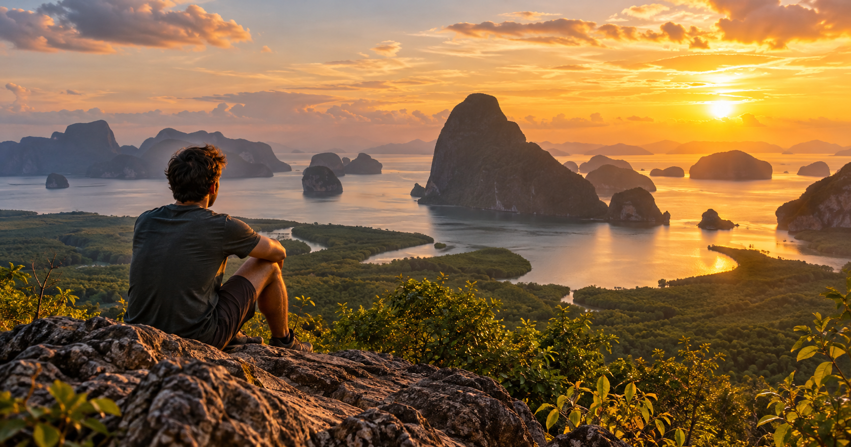Sunset over Phang Nga Bay in Thailand as a man sits quietly overlooking the islands and sea.